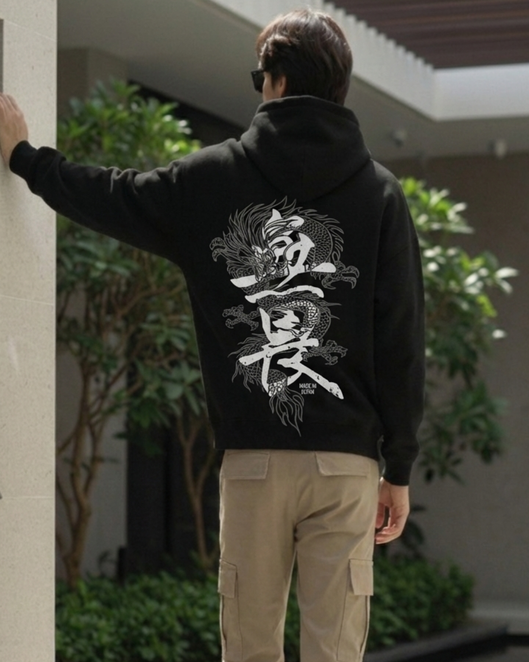 H&U Oversized Fleece Hoodie – Black | Bold Minimal Graphic Print - Image 2