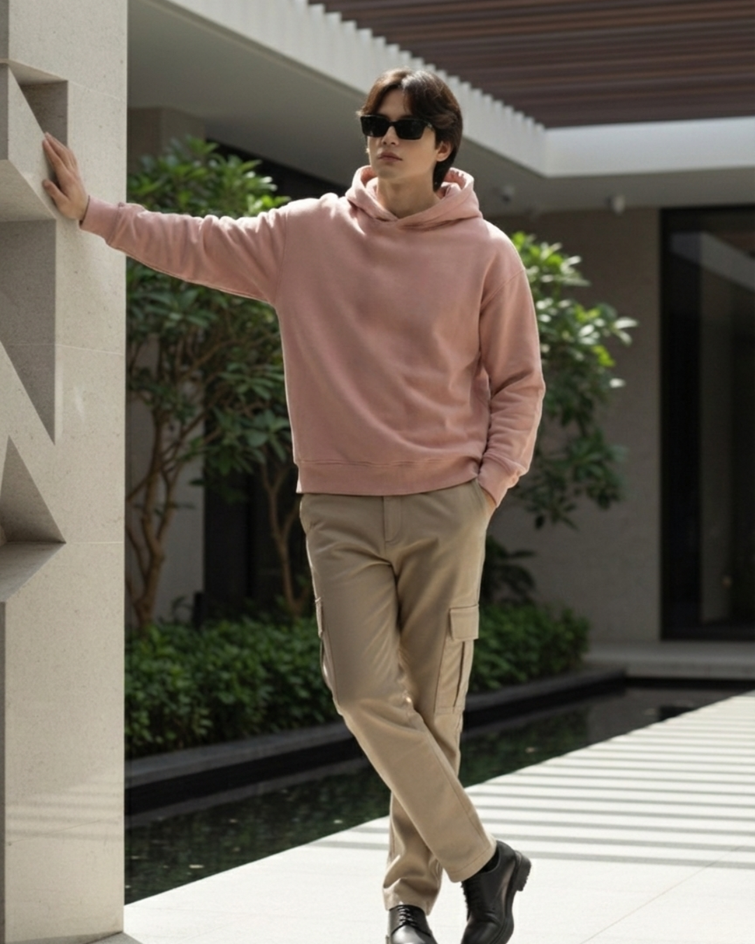 H&U Oversized Fleece Hoodie (Unisex) – Tea Pink | Butterfly & Floral DTF Printed Edition - Image 4