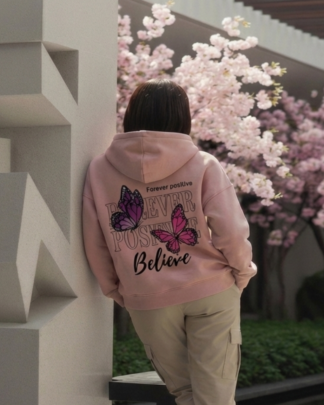 H&U Oversized Fleece Hoodie (Unisex) – Tea Pink | Butterfly & Floral DTF Printed Edition - Image 2