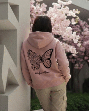 H&U Oversized Fleece Hoodie (Unisex) – Tea Pink | Butterfly & Floral DTF Printed Edition