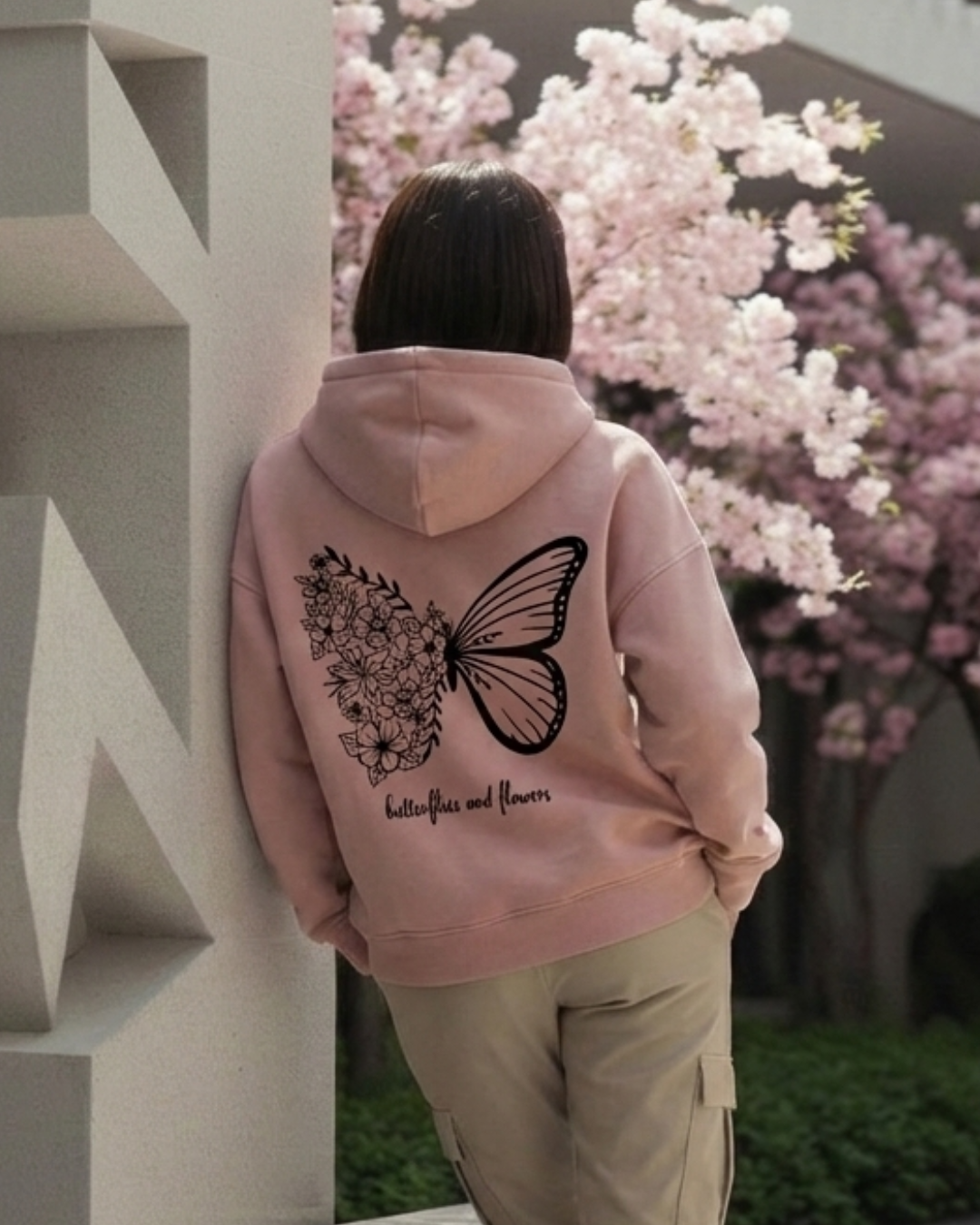 H&U Oversized Fleece Hoodie (Unisex) – Tea Pink | Butterfly & Floral DTF Printed Edition