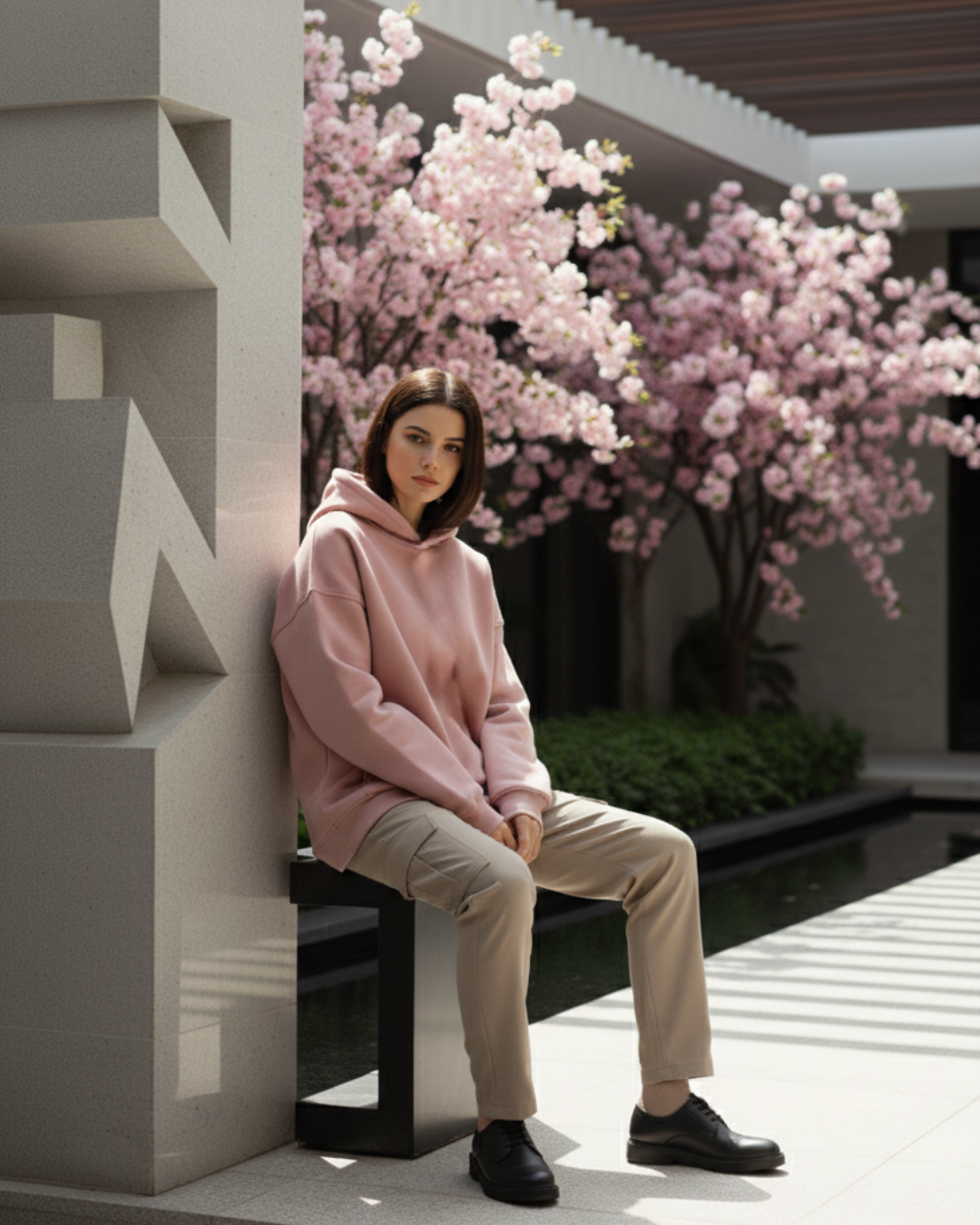 H&U Oversized Fleece Hoodie (Unisex) – Tea Pink | Butterfly & Floral DTF Printed Edition - Image 6